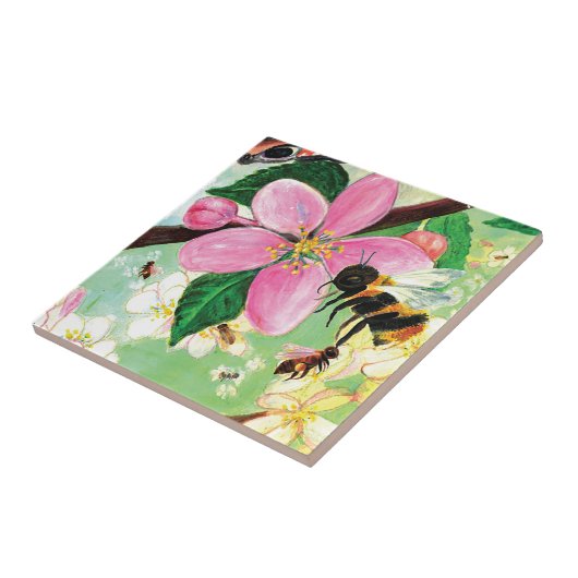 Blütenbaum mit Bienenillustration Fliese (Seite)