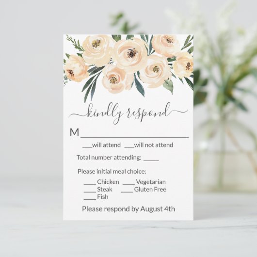 Blütenbeige Rose Gold auf Weiß RSVP Karte (Stehend Vorderseite)