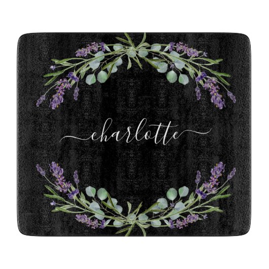 Blütenblätter Eukalyptus grün Name schwarz Schneidebrett (Vorderseite)