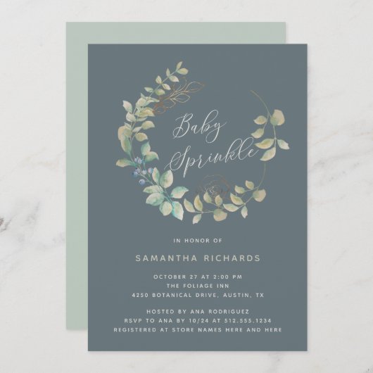 Blütenblätter Gold Botanische Babysprinke| Tonschi Einladung (Vorne/Hinten)