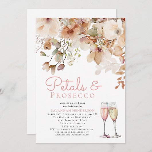 Blütenblätter und Bubbly Prosecco-Brautparty Einladung (Vorne/Hinten)