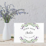 Blütenblättrige Blütenblätter Eukalyptus Gästebuch<br><div class="desc">Ein stilvoller weißer Hintergrund mit violetten Lavendel-Blume und Eukalyptusgrün. Personalisieren und einen Namen hinzufügen. Spine: Fügen Sie Ihren eigenen Text hinzu.</div>