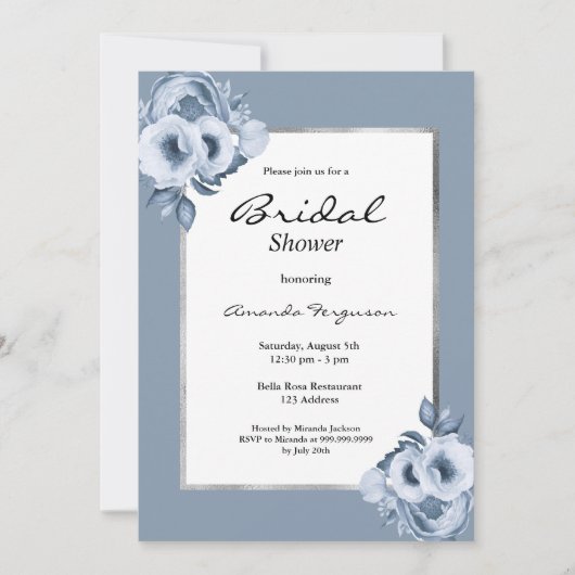 Blütenblau, Aquarellblumen Brautparty Einladung (Vorderseite)