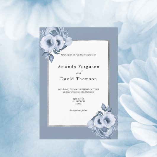 Blütenblau, Aquarellblumen Hochzeit Einladung