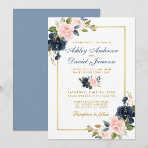 Blütenblau Rosa Blütenblüte Hochzeitsgoldrahmen Einladung