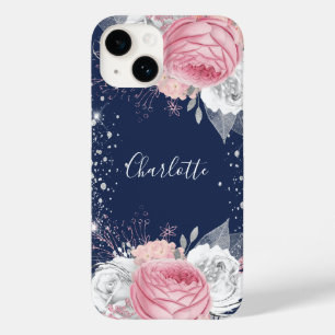 Blütenblau Rosa Silbername Glitzer Case-Mate iPhone 14 Hülle