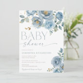 Blütenblau-Rose Junge Babydusche Einladung (Stehend Vorderseite)