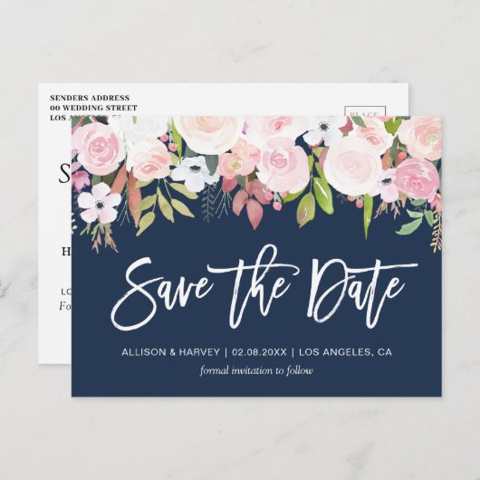 Blütenblau Save the Date Postkarte (Vorne/Hinten)