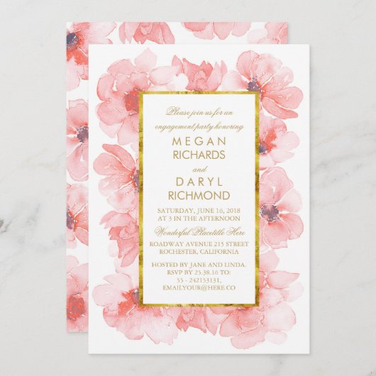 Blütenblau und Gold-Engagement-Partei Einladung (Vorne/Hinten)