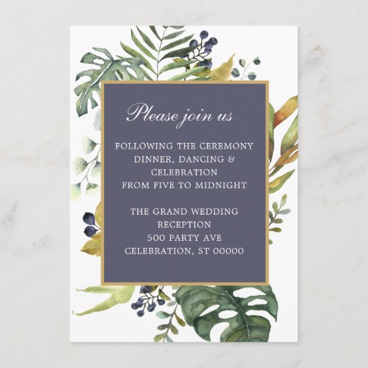 Blütenblau und grün, goldene Ampere und EMPFANG Begleitkarte (Rückseite)