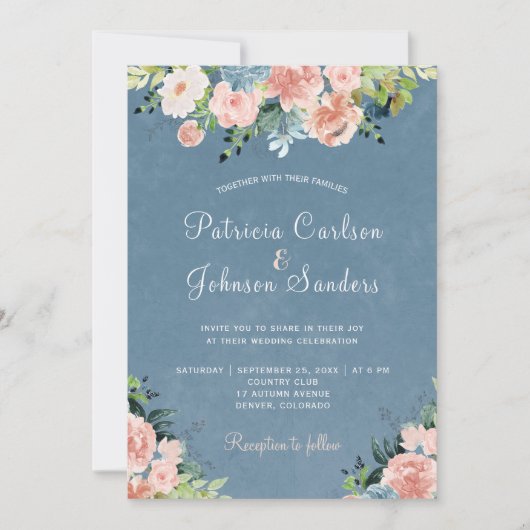 Blütenblau und pfirsichrot rustikale Hochzeit Einladung (Vorderseite)