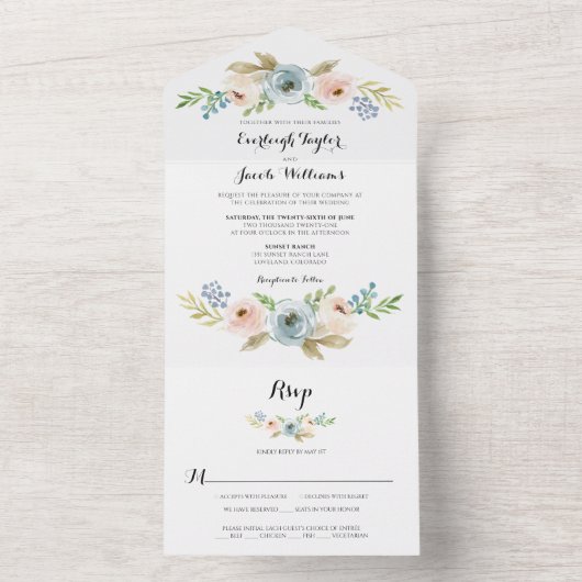 Blütenblau und Rosa Blütenrot Rustikale Hochzeit All In One Einladung (Innen Boden)