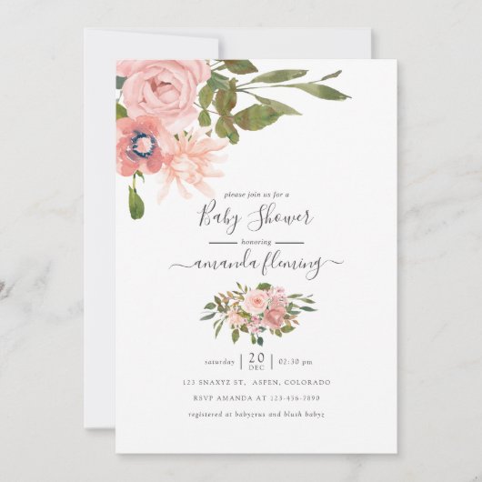 Blütenblau und Rose Gold Kinderdusche Einladung (Vorderseite)