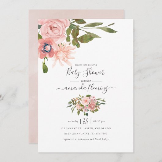 Blütenblau und Rose Gold Kinderdusche Einladung (Vorne/Hinten)