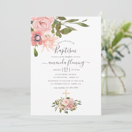 Blütenblau und Rose Gold Taufe Einladung (Stehend Vorderseite)