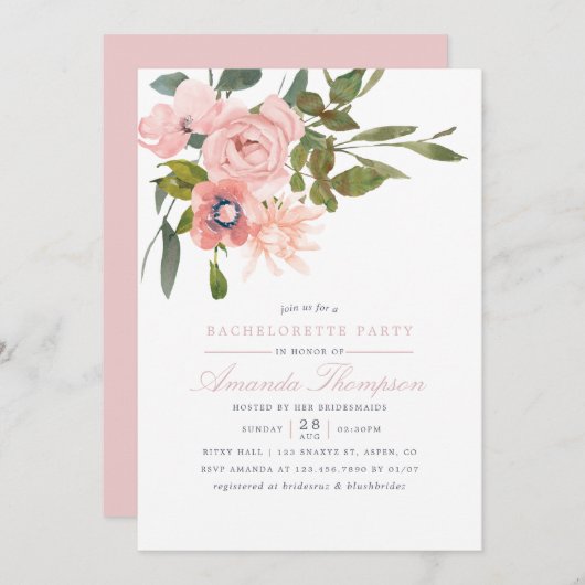 Blütenblau Wasserfarbe Rosa Junggeselinnen-Abschie Einladung (Vorne/Hinten)