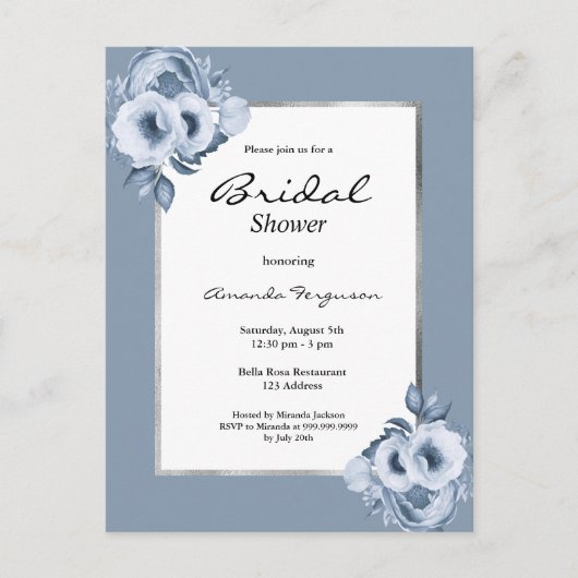 Blütenblau-weiße Brautdusche Einladung Postkarte (Vorderseite)