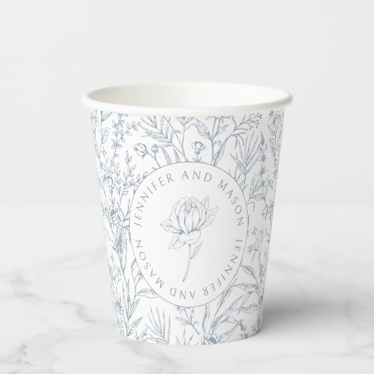 Blütenblaue Rose-Monogramm-Hochzeitspapiertassen Pappbecher (Rückseite)