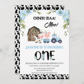 Blütenblaue schwarze Kuh Druckfarm 1. Geburtstag Einladung (Vorne/Hinten)