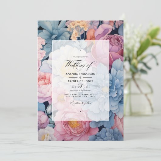 Blütenblauer Hochzeitstag Einladung (Stehend Vorderseite)