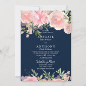 Blütenblauer Hochzeitstag mit blühenden, rosa Kora Einladung (Vorderseite)