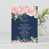Blütenblauer Hochzeitstag mit blühenden, rosa Kora Einladung (Stehend Vorderseite)