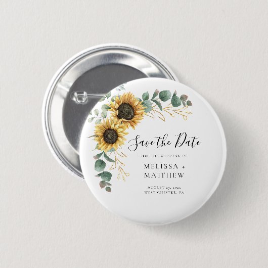 Blütenblume Save the Date Eukalyptus Sunflower Button (Vorne & Hinten)