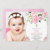 Blütenblume Taufe Rosa Foto Einladung (Vorne/Hinten)