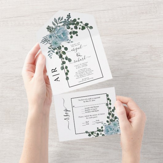 Blütenblumen, Marsch und Monogramm Hochzeit All In One Einladung (Abreißen)