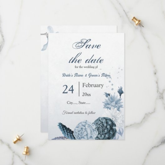 Blütenblüten der Marine botanische Hochzeit Save The Date (Vorderseite/Rückseite Beispiel)