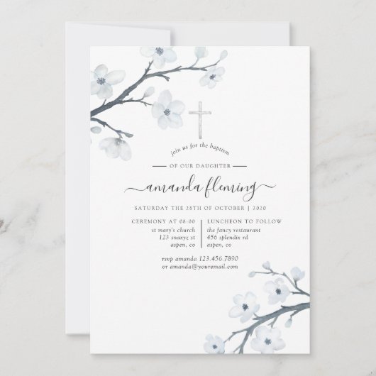 Blütenblüten der Weißen Kirsche Taufe oder Weihnac Einladung (Vorderseite)
