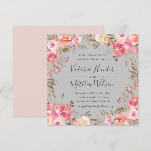 Blütenblütenblümchen Einladung| Grau Einladung (Vorne/Hinten)