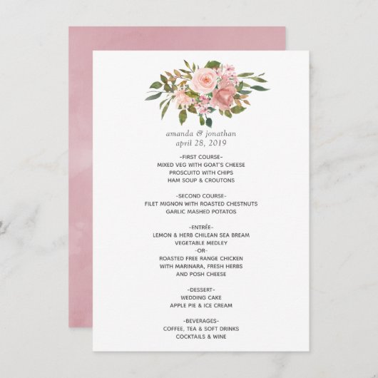 Blütenblütenblütenblume Rosa Hochzeit Menükarte (Vorne/Hinten)