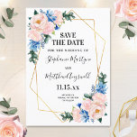 Blütenblütenblütenpink Geometric Floral Wedding Save The Date<br><div class="desc">Diese speichern die Dattelkarten mit einem Aquarellblumen-Design mit staubblauen und rot-rosa Blume, Eukalyptusblättern und Imitaten goldenen geometrischen Rahmen. Personalisieren Sie diese Karten mit Ihrem eigenen Text. Diese Karten sind Teil einer Sammlung, die auch andere Hochzeitsartikel enthält. Bitte sehen Sie sich die Sammlungs-Seite an oder besuchen Sie unseren Shop, um das...</div>