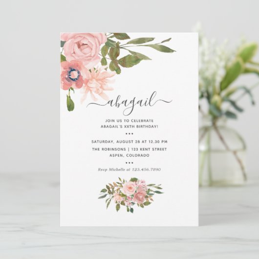 Blütenblütenrot und Rose Gold Geburtstag Einladung (Stehend Vorderseite)