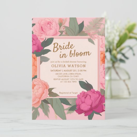 Blütenbraun in Rosa und goldfarbenem Brautparty Einladung (Stehend Vorderseite)