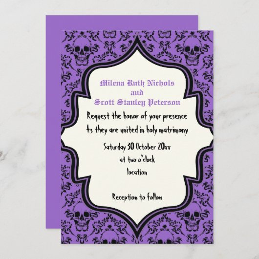 Blütendamast lila Halloween-Hochzeit Einladung (Vorne/Hinten)