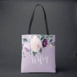 Blutende botanische lila personalisierte weiße Tas Tasche<br><div class="desc">Wasserfarbene botanische Blumen und Grünpflanzen in rot,  pfirsichfarben und lila,  mit weicher Schrift und individuelle Name auf der Rückseite,  elegant und romantisch,  große personalisierte Geschenke für neue Braut.</div>