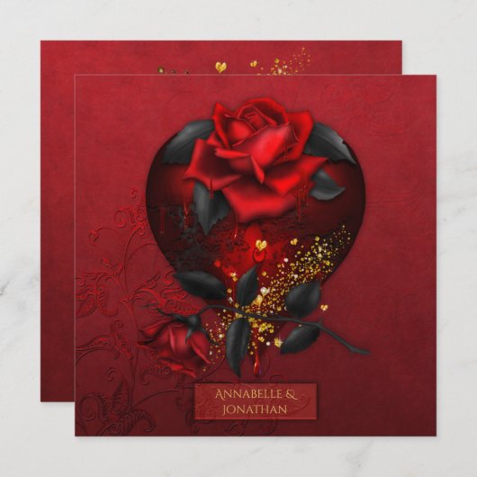 Blutende Rote Rosen Schwarze Blätter Goldhochzeit Einladung (Vorne/Hinten)