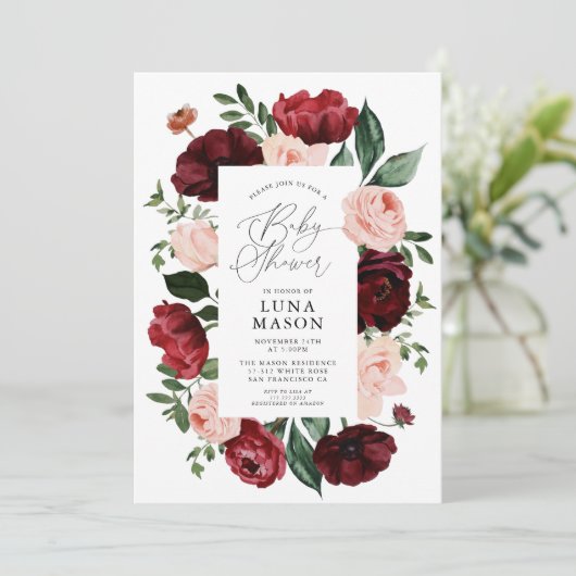 Blütendusche aus Burgund und Blush Einladung (Stehend Vorderseite)