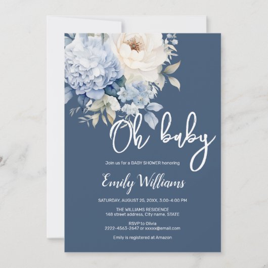 Blütendusche aus dunkelblauen und weißen Blumen Einladung (Vorderseite)