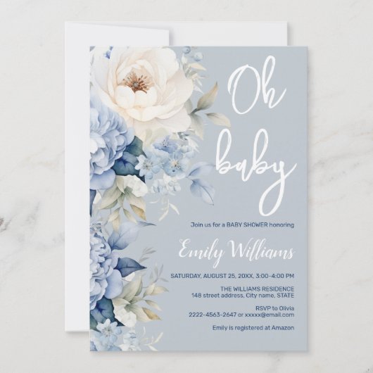 Blütendusche aus dunkelblauen und weißen Blumen Einladung (Vorderseite)