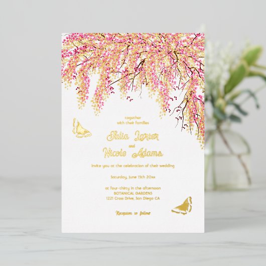 Blütendusche mit rosa Kirschblüten Folieneinladung (Stehend vorne)