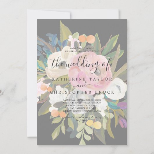 Blütenfarbe | Dunkelgrau verblasst die Hochzeit vo Einladung (Vorderseite)