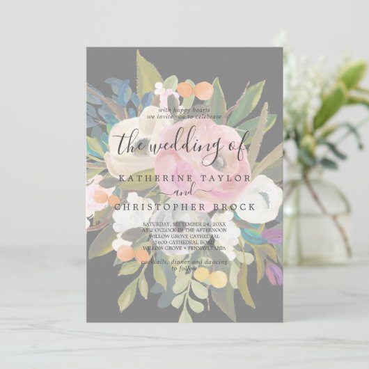 Blütenfarbe | Dunkelgrau verblasst die Hochzeit vo Einladung (Stehend Vorderseite)