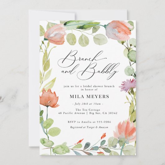 Blütenfarben Blumenkorallengrün Brunch Brause Dusc Einladung (Vorderseite)