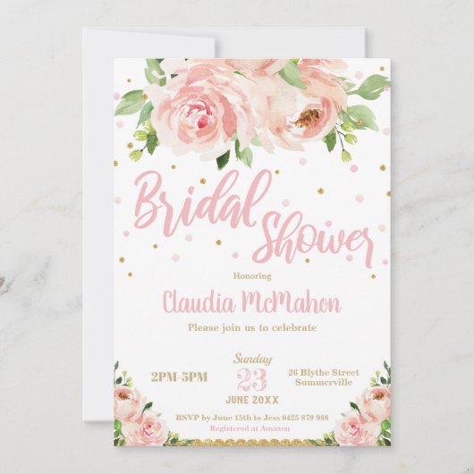 Blütenfarbene Rose Brautparty Rosa und Gold Einladung (Vorderseite)