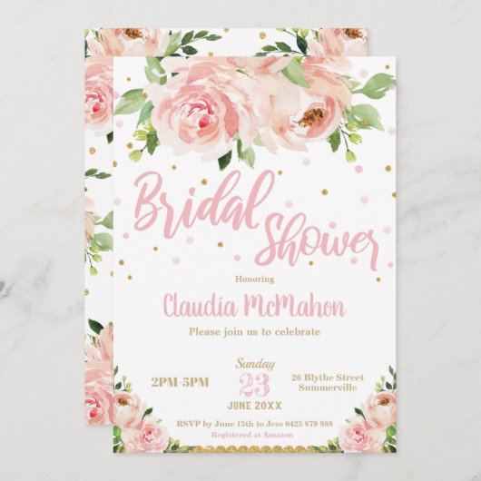Blütenfarbene Rose Brautparty Rosa und Gold Einladung (Vorne/Hinten)