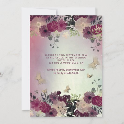 Blütengarten Butterfly 16 . Geburtstag errötet Einladung (Rückseite)