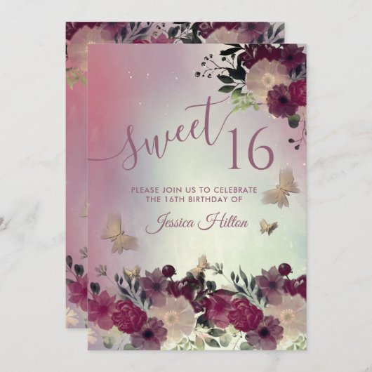 Blütengarten Butterfly 16 . Geburtstag errötet Einladung (Vorne/Hinten)